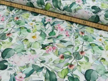 Preview: Baumwolljersey mit Blüten und Blättern in Grüntönen
